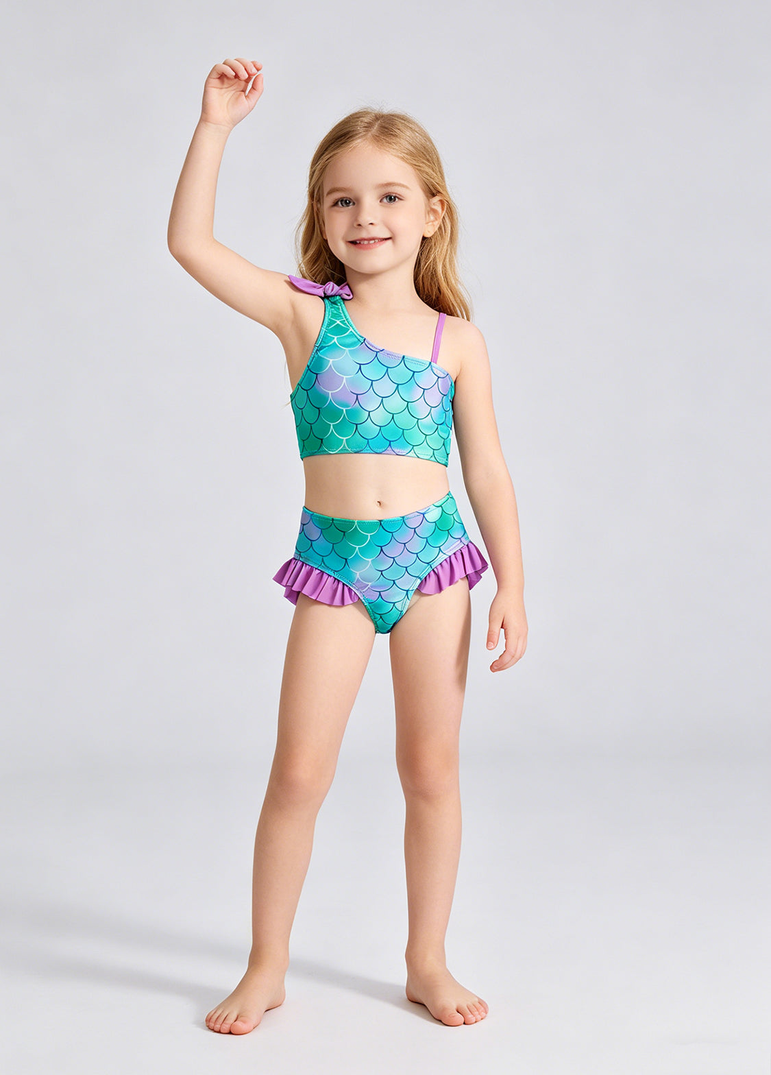 New Girls' Off-Shoulder Bikini Set — Fish Scale Print Two-Piece Swimsuit for Kids