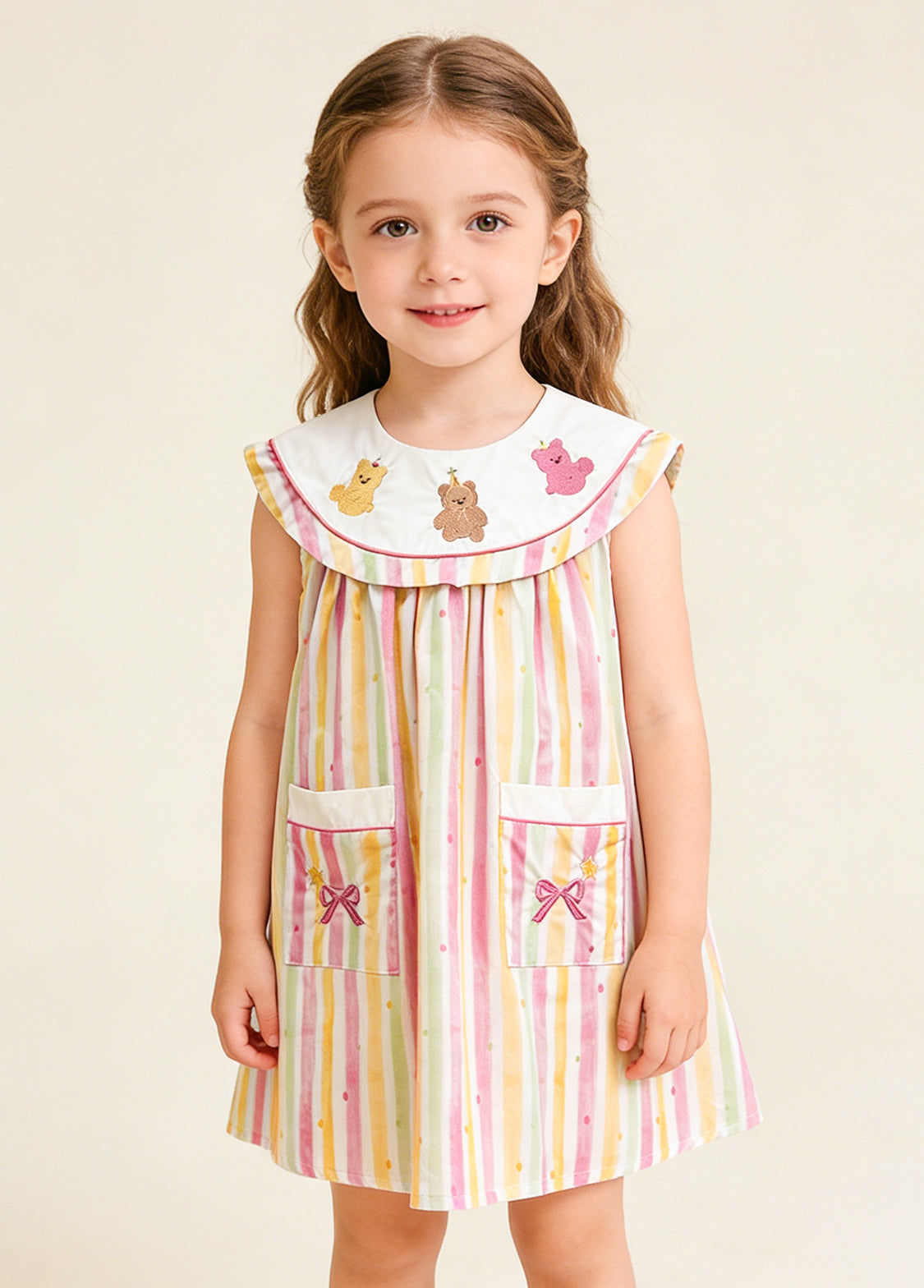 Girls Rainbow Bear Embroidered Cotton Dress