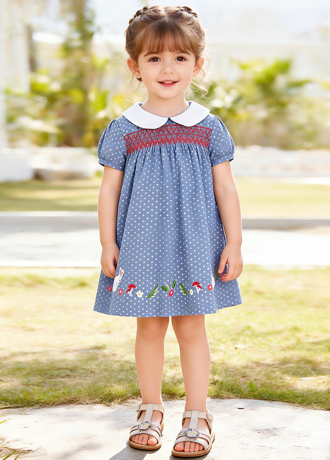 Girls Cute Cartoon Embroidered Dollar Collar Dress