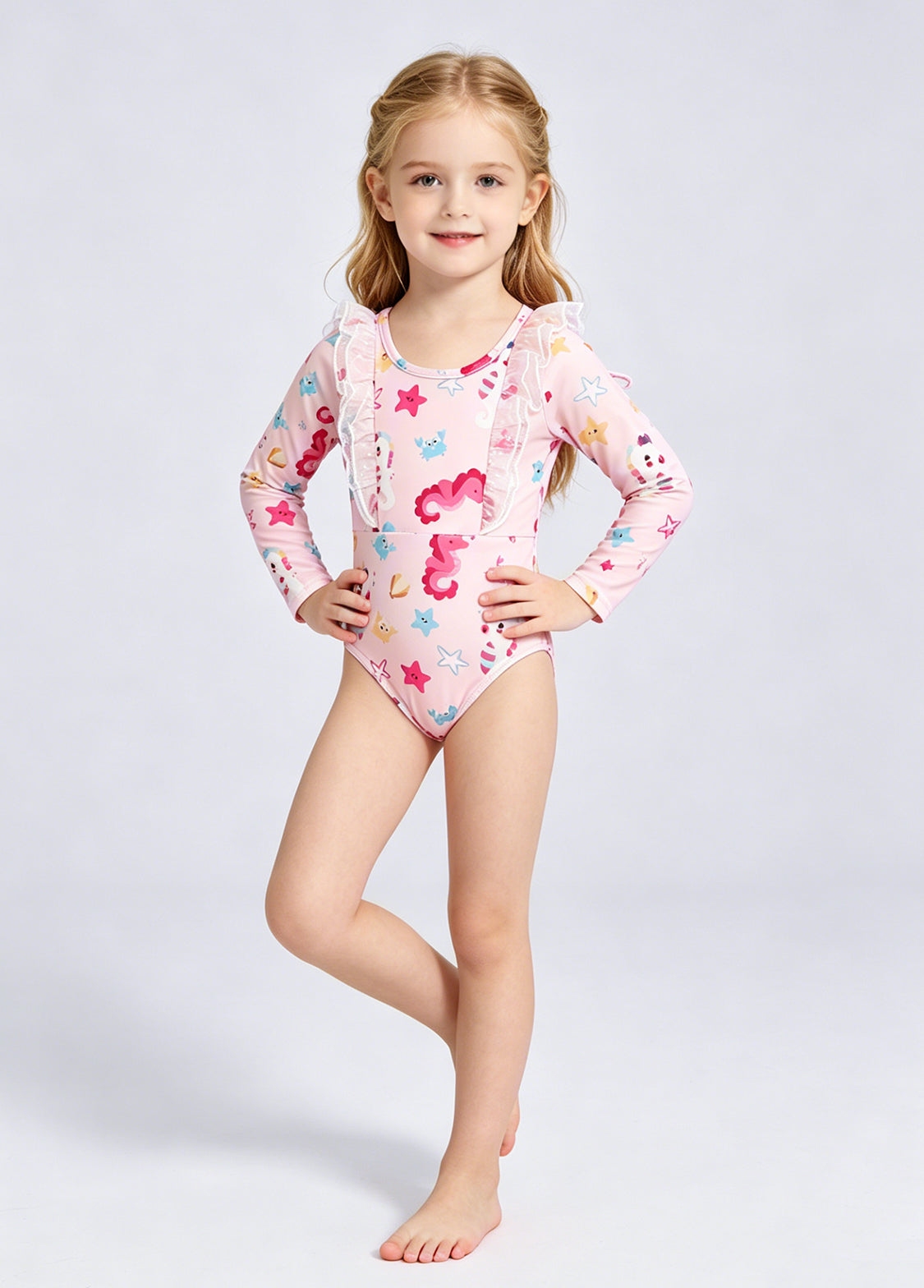 Girls' Long-Sleeve Swimsuit: Underwater Cartoon Patterned Bodysuit / One-Piece Swimwear
