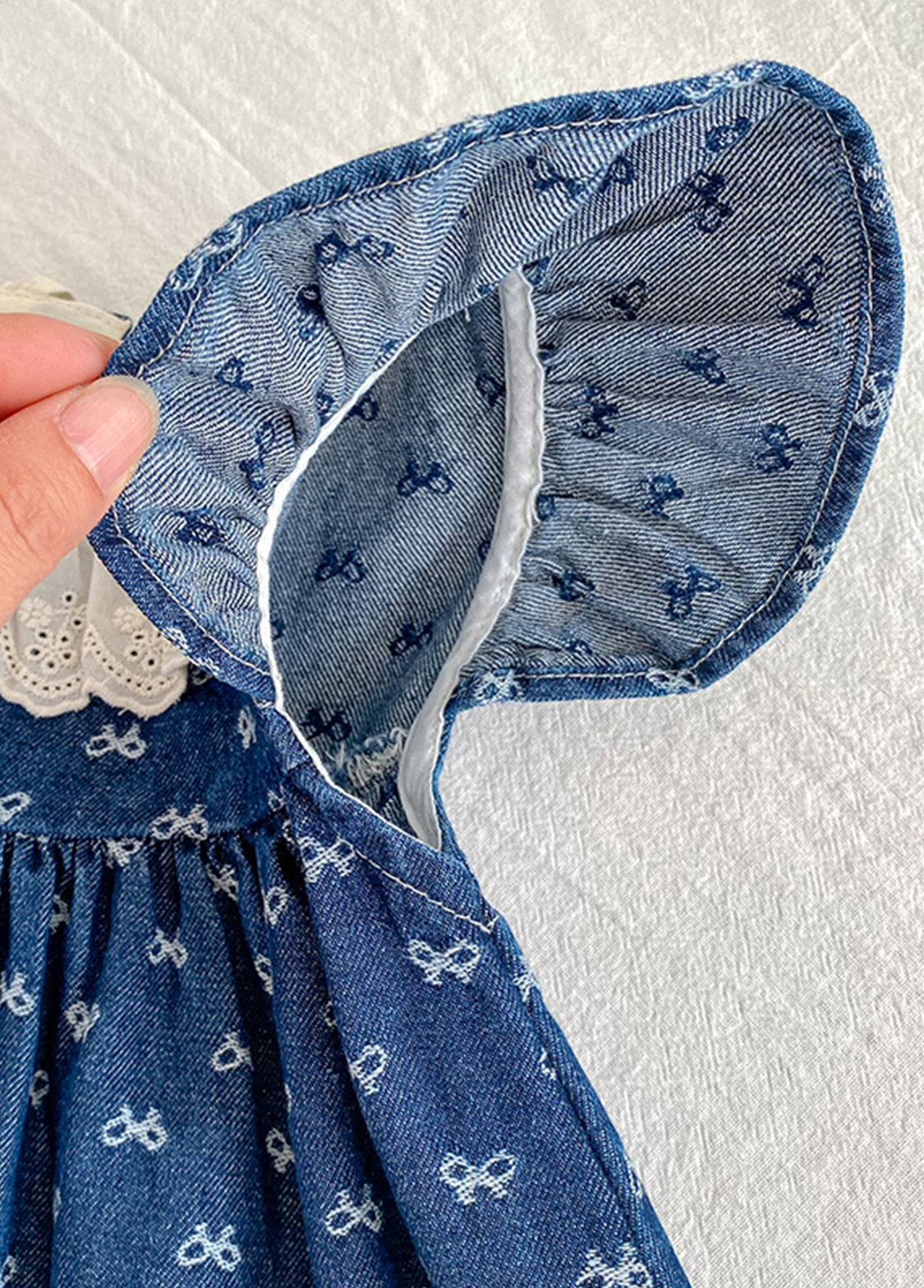 Girls Sweet Denim Bow Print Lace Dollar Collar Dress