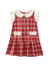 Girls Plaid Lace Trim Cotton Dress