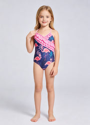 Girls' One-Piece Swimsuit — Ruffled, Flamingo Print Beachwear