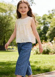 Girls Cotton Two-Piece Lace Top & Wide-Leg Pants Set