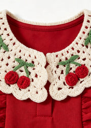 Toddler Girls Summer Sleeveless Red Dress Kids Sweet Crochet Lace Collar A-Line Sundress with Cherry Embroidery