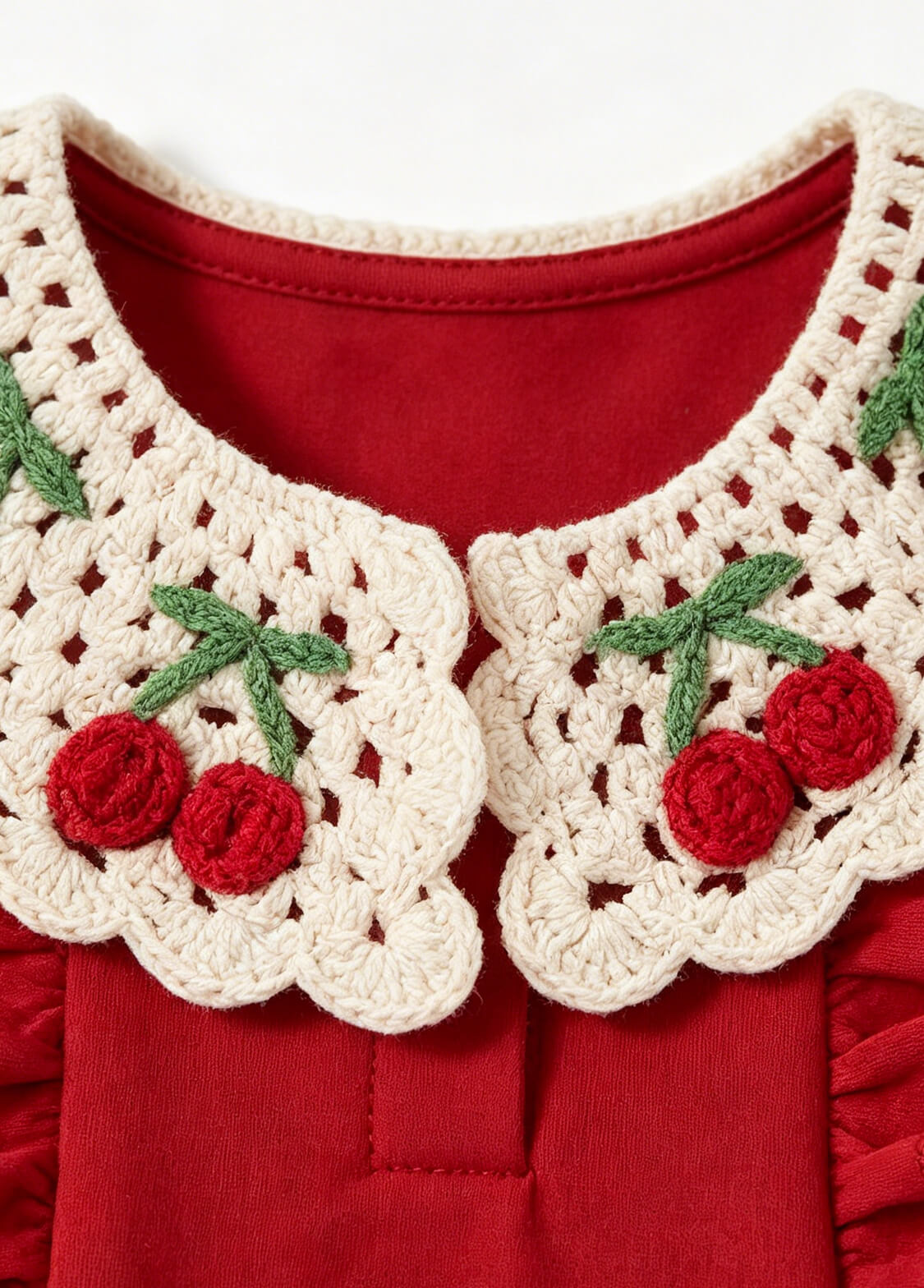 Toddler Girls Summer Sleeveless Red Dress Kids Sweet Crochet Lace Collar A-Line Sundress with Cherry Embroidery