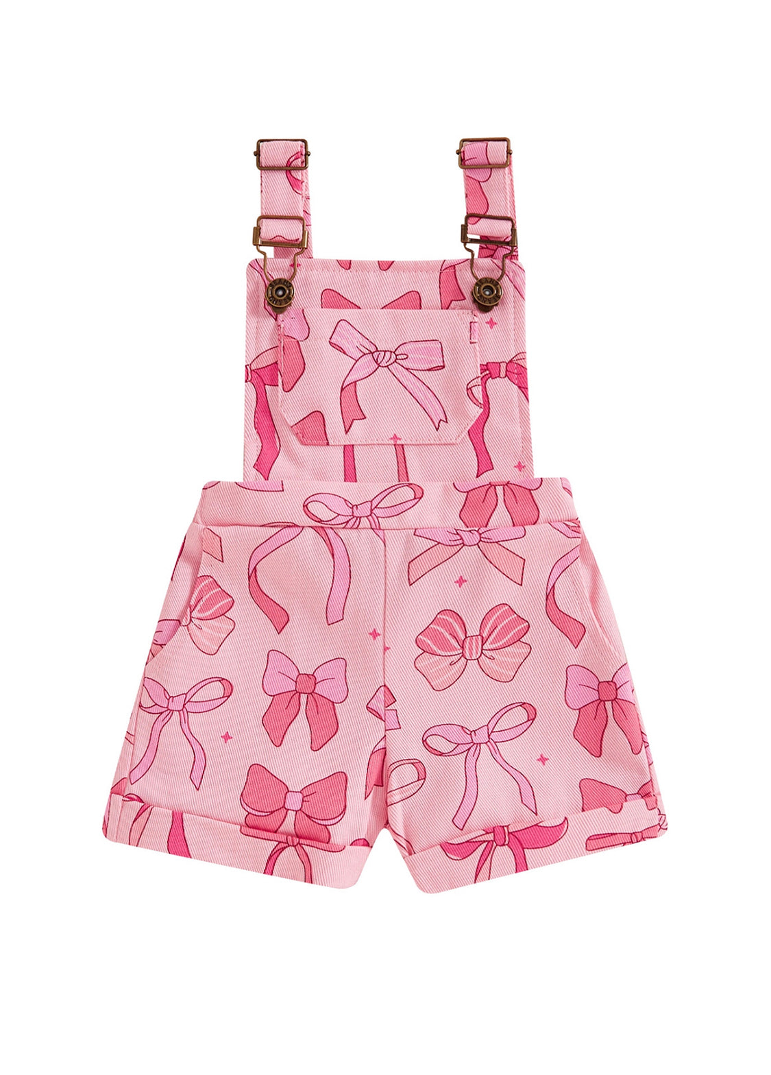 Girls Bow Print Denim Overall Shorts