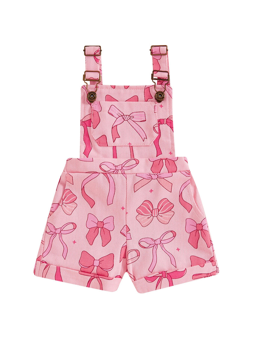 Girls Bow Print Denim Overall Shorts