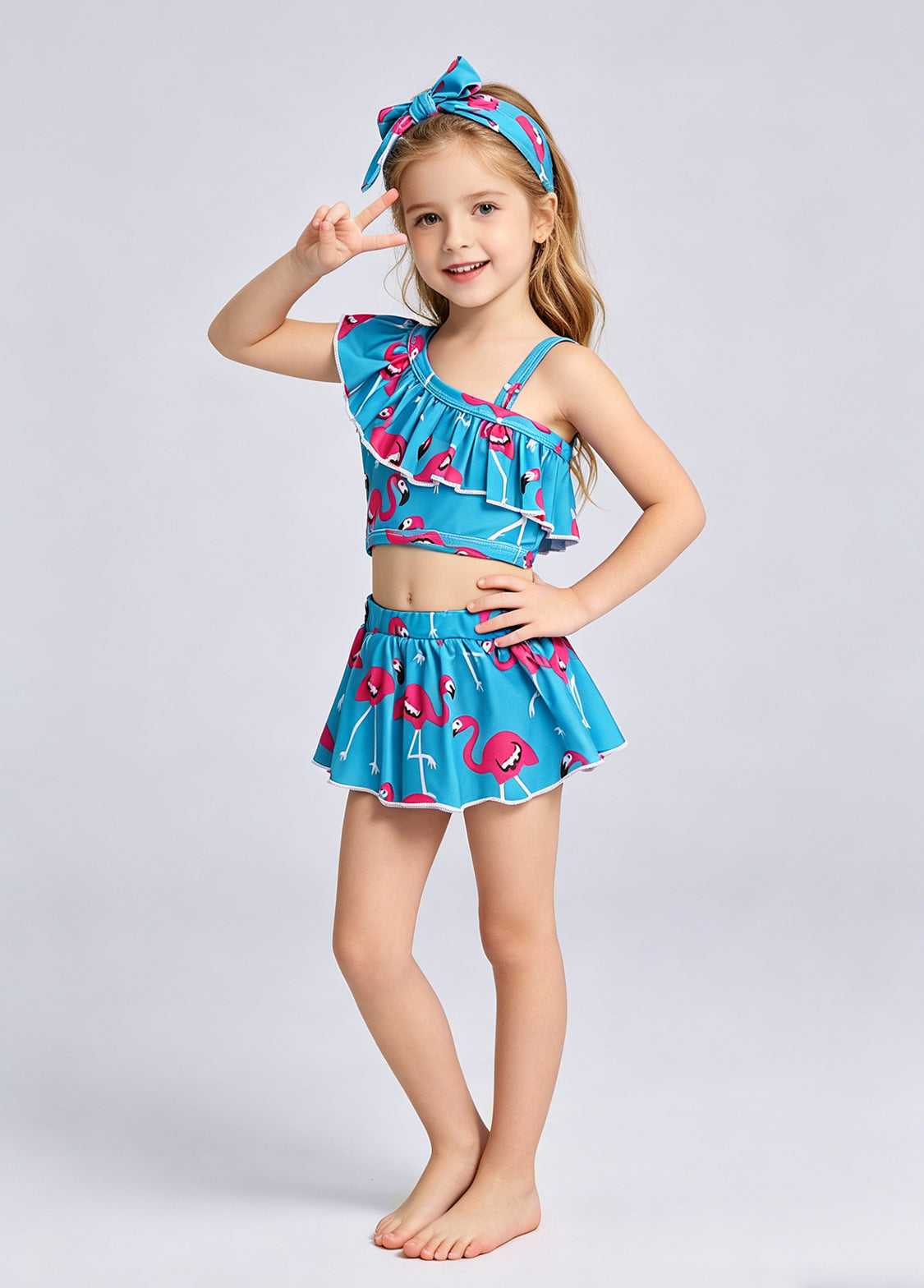 Girls' Summer Swimsuit: Flamingo Print, Ruffled Two-Piece Swimwear