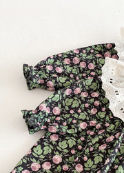 Baby Girls Retro Floral Dollar Collar Romper With Hairband