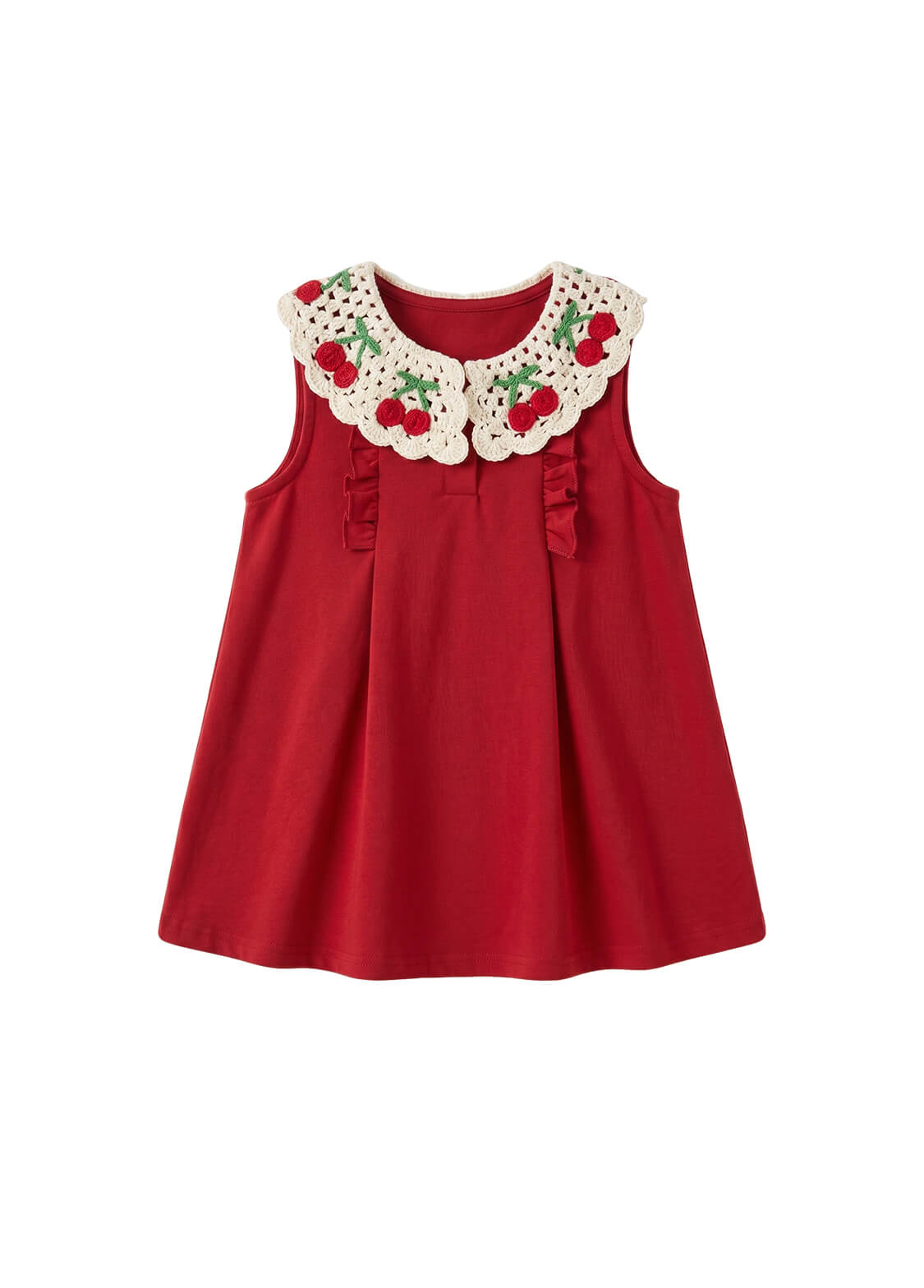 Toddler Girls Summer Sleeveless Red Dress Kids Sweet Crochet Lace Collar A-Line Sundress with Cherry Embroidery