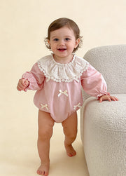 Baby Girl Cute Bow Tie Lace Trim Puff Sleeve Romper