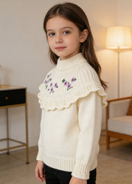 Girls Floral Ruffle Knit Sweater
