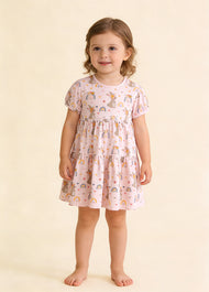 Girls Cute Rainbow Cartoon Print Puff Sleeve Dress
