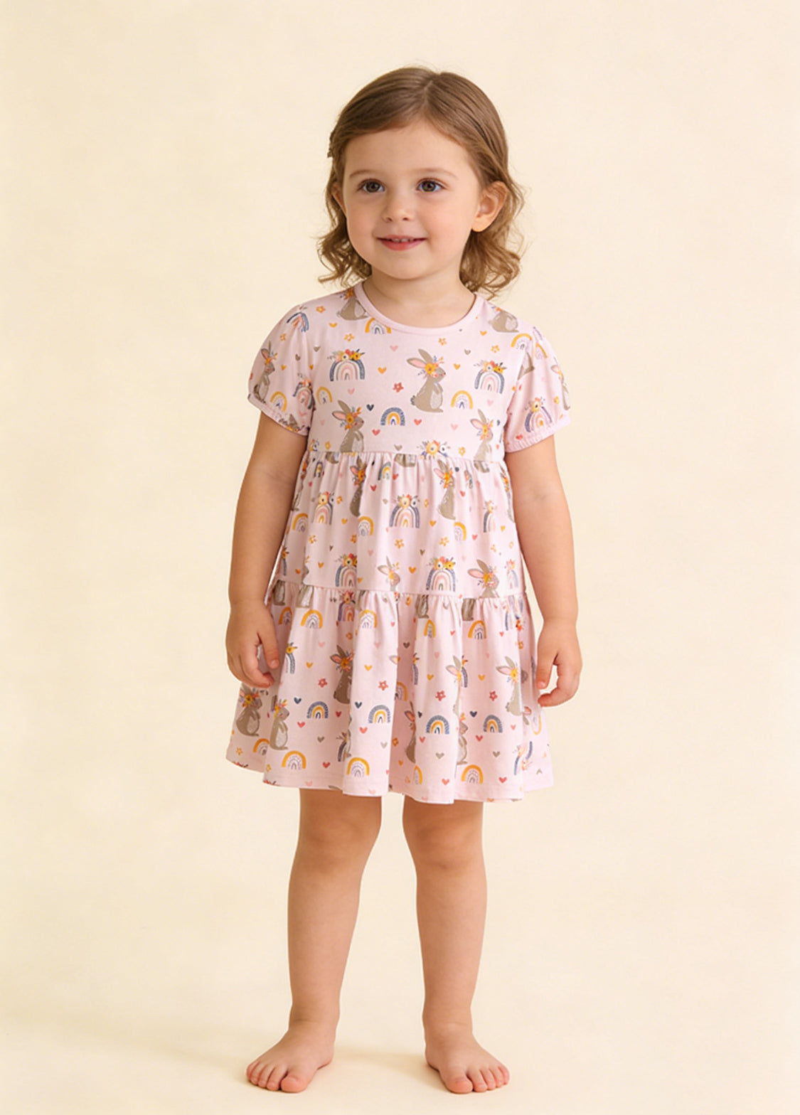 Girls Cute Rainbow Cartoon Print Puff Sleeve Dress
