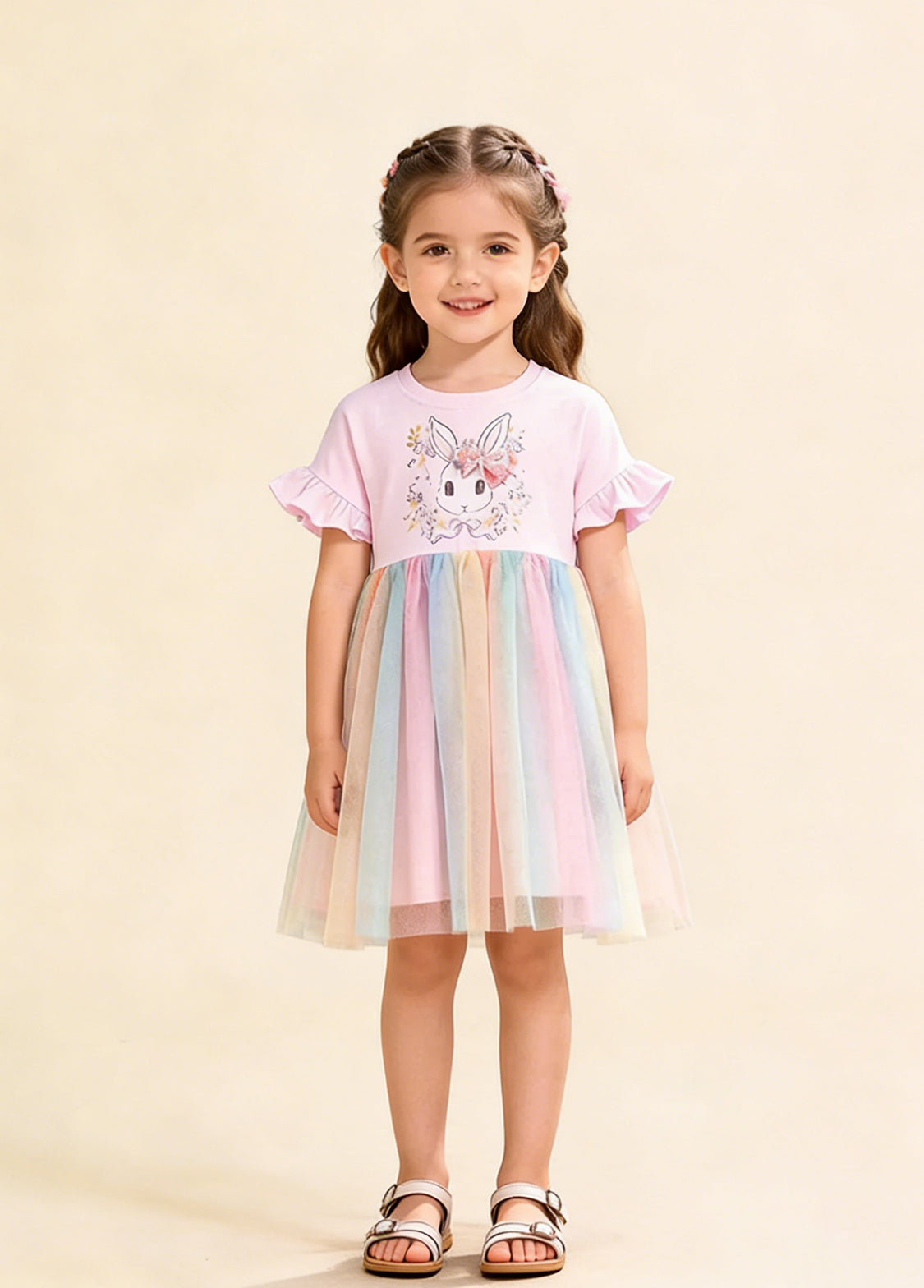 Girls Cotton Bunny Rainbow Tulle Dress