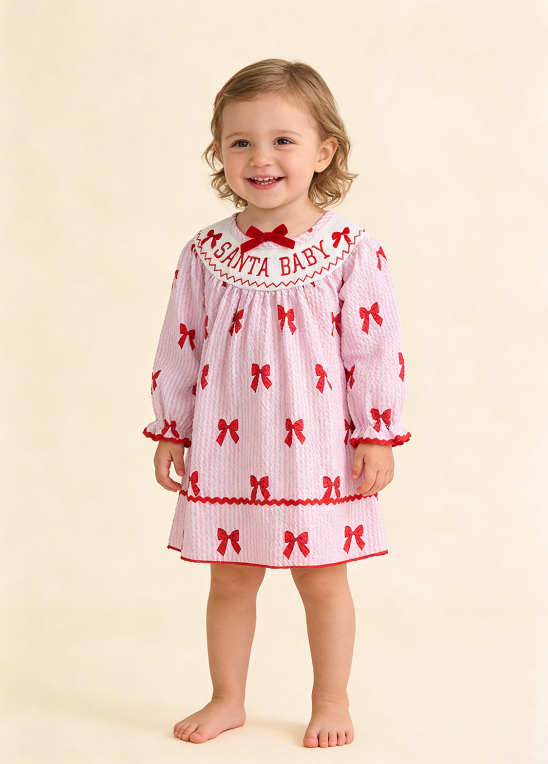 Girls Cute Bow-print Long-sleeved Dress