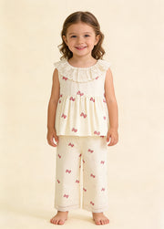 Girls Cute Bow-print Lace Dollar Collar Sleeveless Top And Pants Set