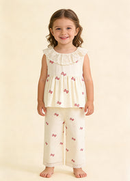 Girls Cute Bow-print Lace Dollar Collar Sleeveless Top And Pants Set