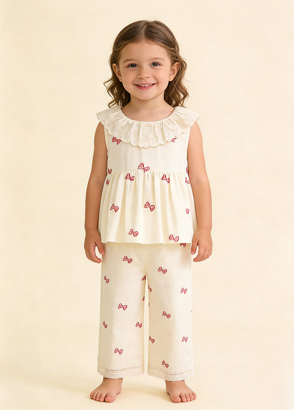 Girls Cute Bow-print Lace Dollar Collar Sleeveless Top And Pants Set