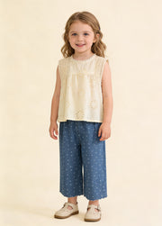 Girls Cotton Two-Piece Lace Top & Wide-Leg Pants Set