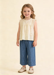 Girls Cotton Two-Piece Lace Top & Wide-Leg Pants Set