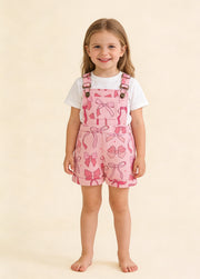 Girls Bow Print Denim Overall Shorts