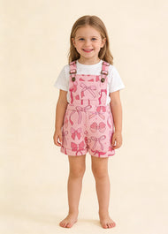 Girls Bow Print Denim Overall Shorts