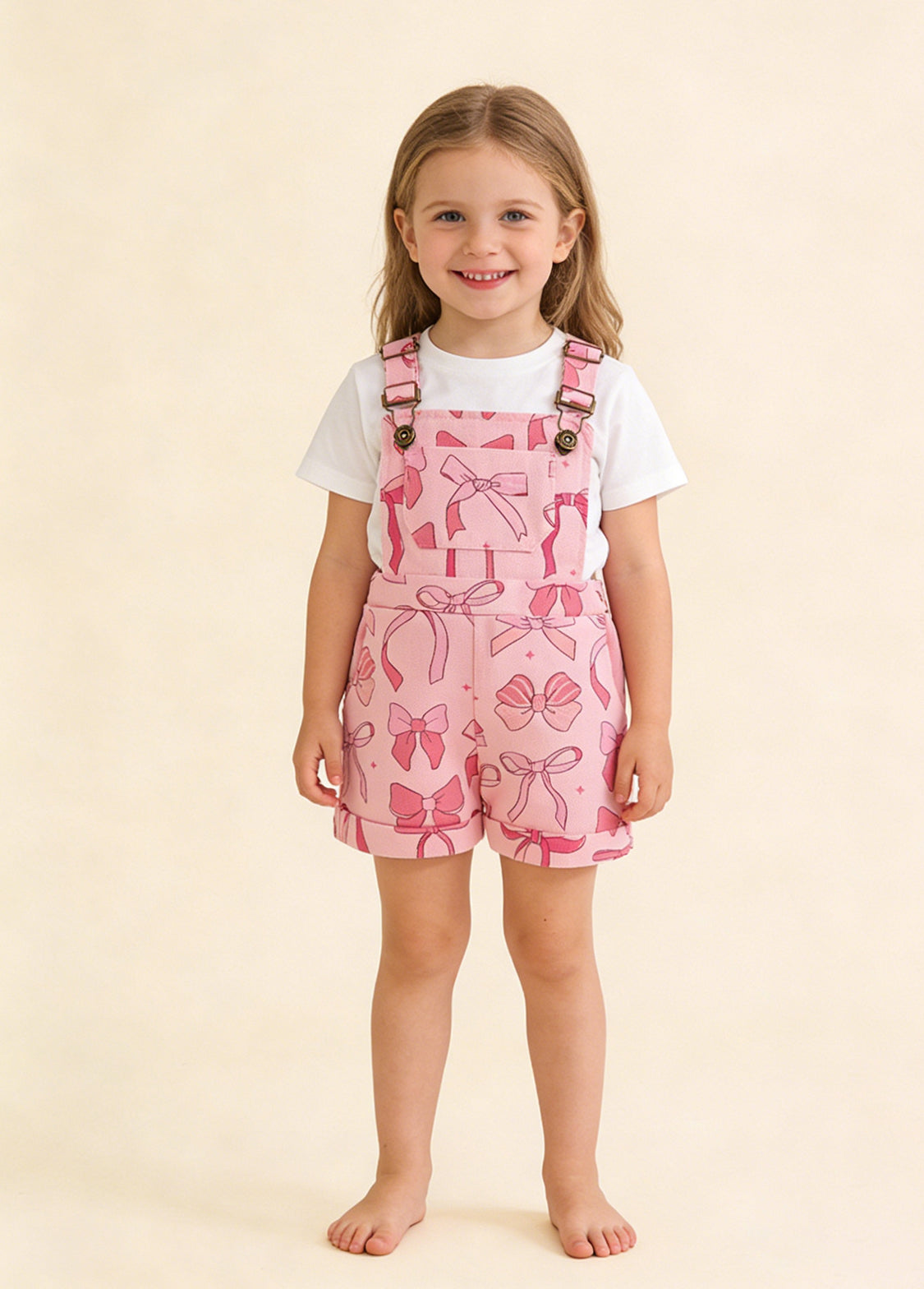 Girls Bow Print Denim Overall Shorts