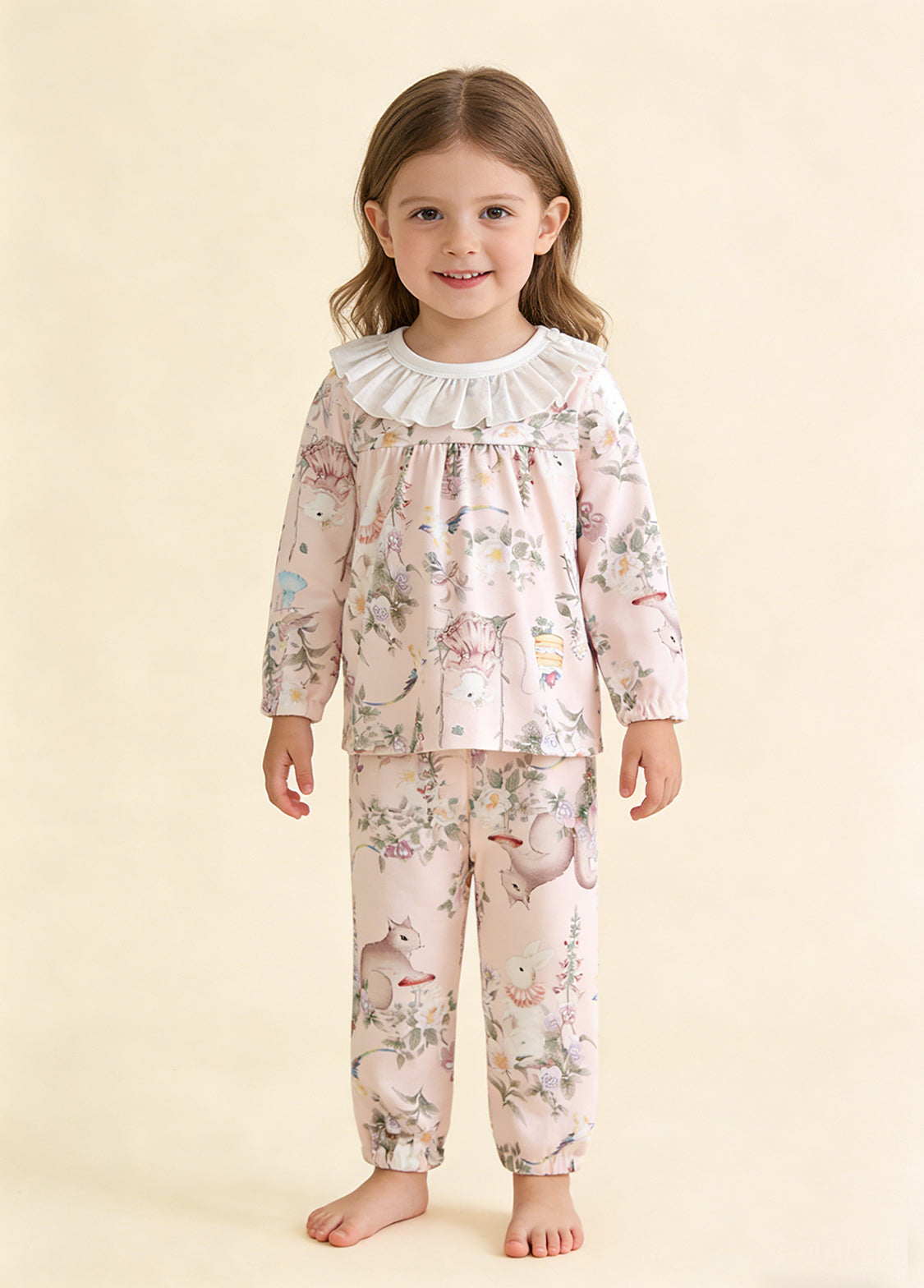 Girl Cute Soft Cotton Floral Animal Print Ruffles Long-sleeved Homewear Set
