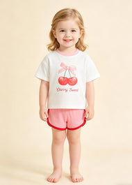 Girls Cherry Print Cotton Stretch Two-Piece Outfit