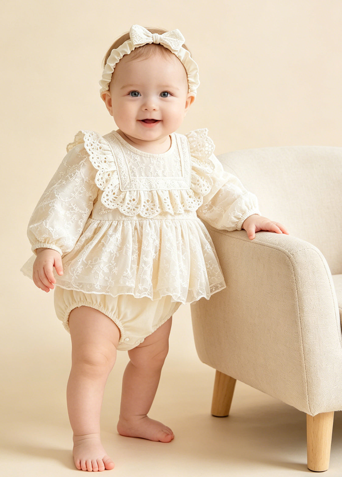 Baby Sweet Lace Trim Long-Sleeved Romper With Headband