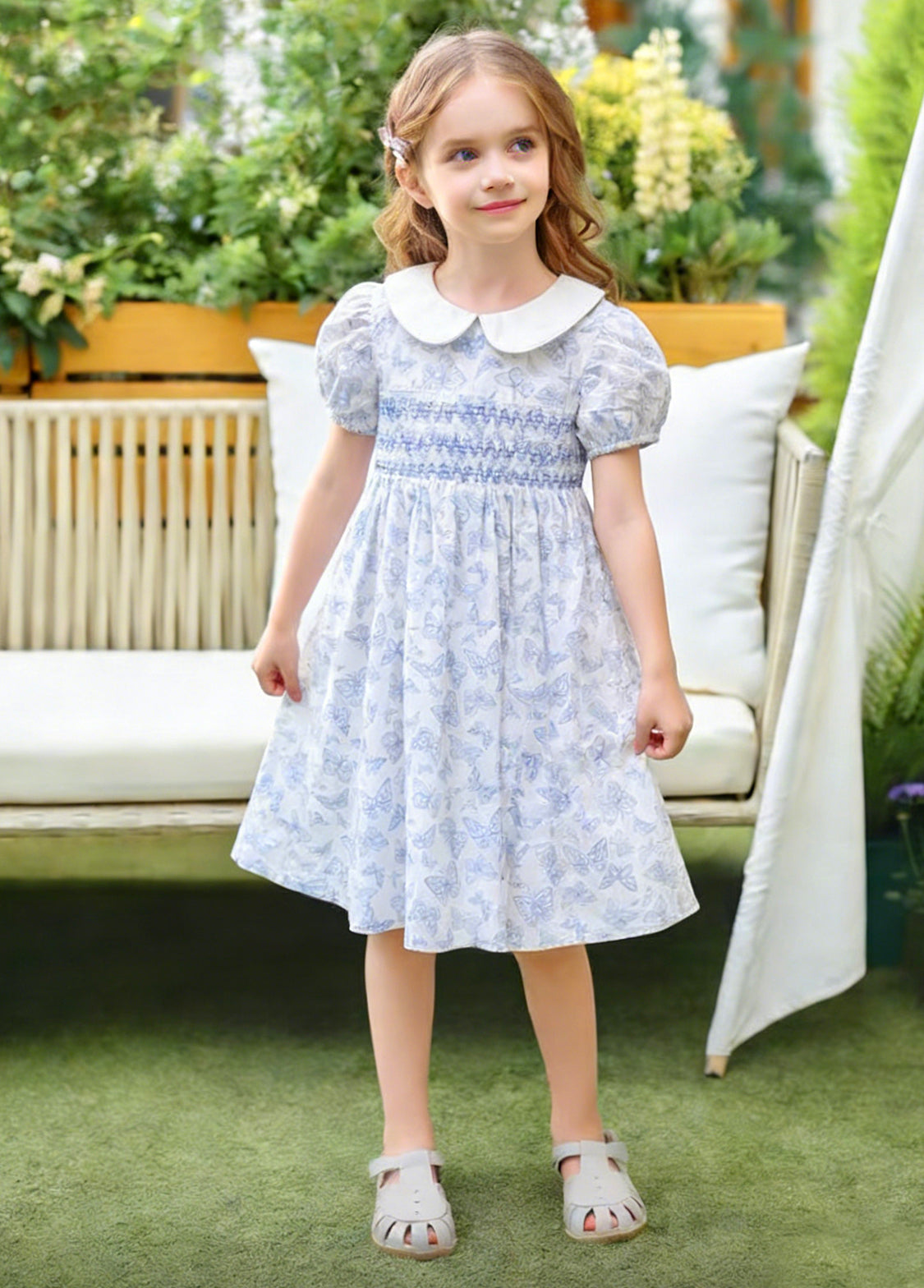 Girl Sweet Butterfly Print Puff Sleeve Dress