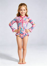 Girls' Cute Pink Floral-Center Swimsuit — Quick-Drying, Long-Sleeve, One-Piece Bodysuit