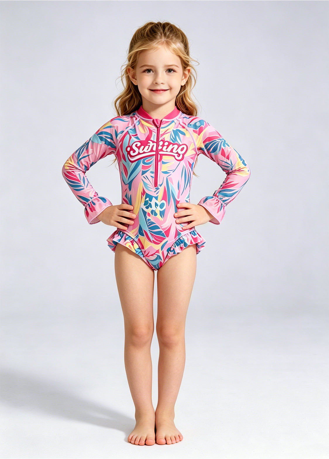 Girls' Cute Pink Floral-Center Swimsuit — Quick-Drying, Long-Sleeve, One-Piece Bodysuit