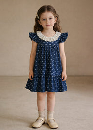 Girls Bow Print Cotton Denim Dress