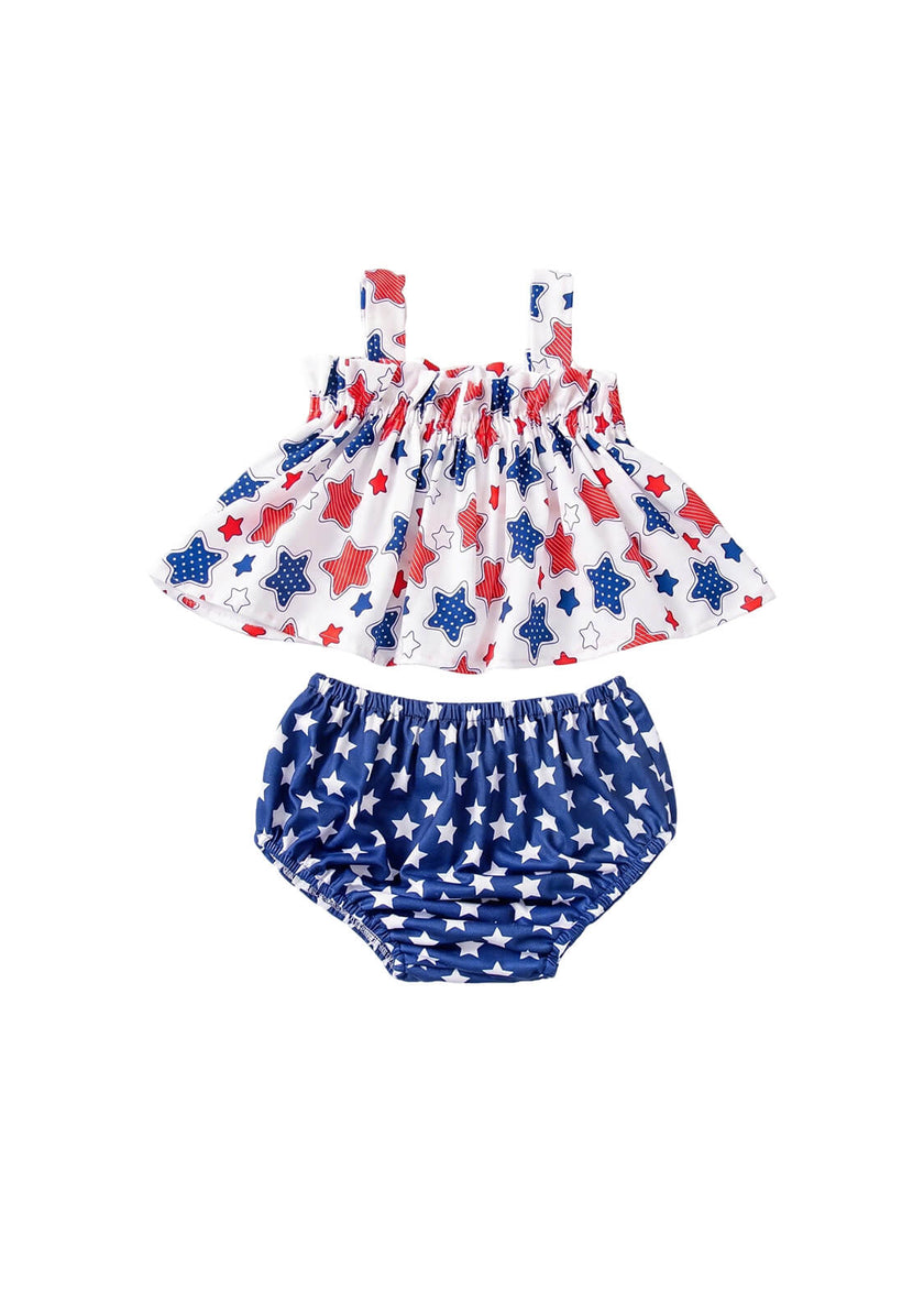 Toddler Girls July 4th Independence Day 2-Piece Outfit Star Print Cami Top and Bloomers Set Kids Patriotic Party Clothing