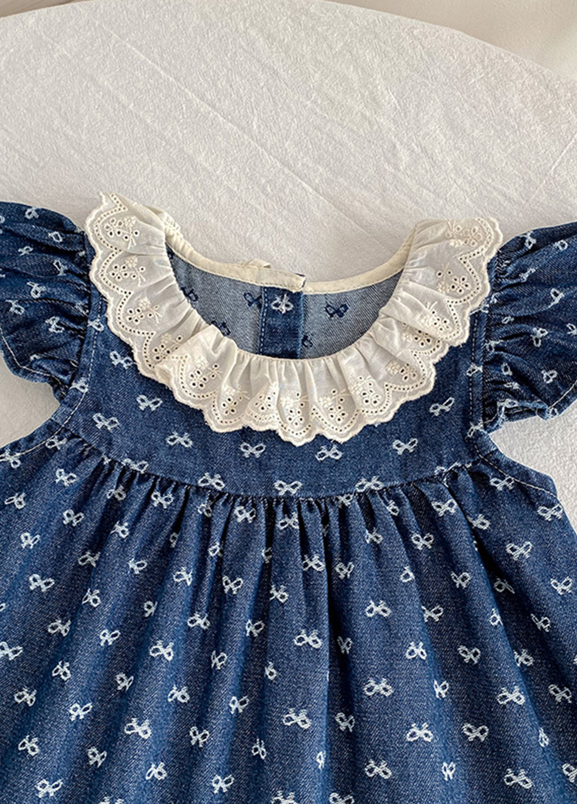 Girls Sweet Denim Bow Print Lace Dollar Collar Dress