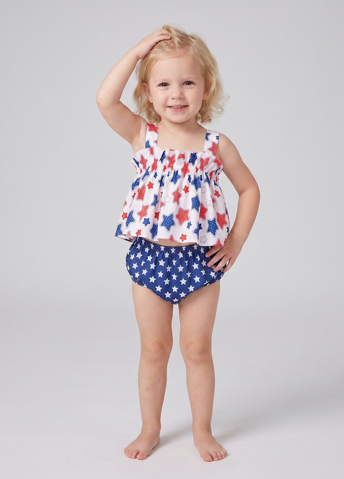 Toddler Girls July 4th Independence Day 2-Piece Outfit Star Print Cami Top and Bloomers Set Kids Patriotic Party Clothing