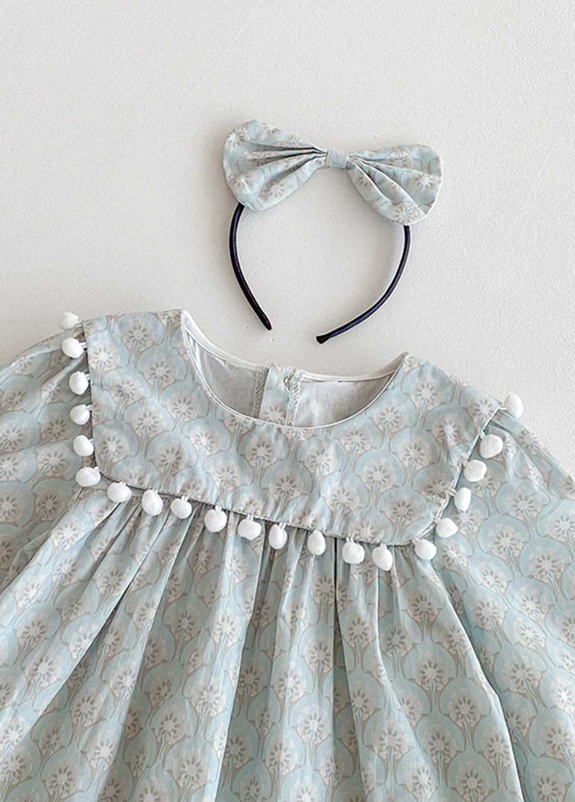 Girls Sweet Floral Pom Poms Dress With Headband