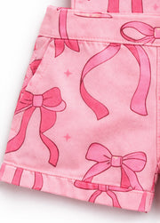 Girls Bow Print Denim Overall Shorts