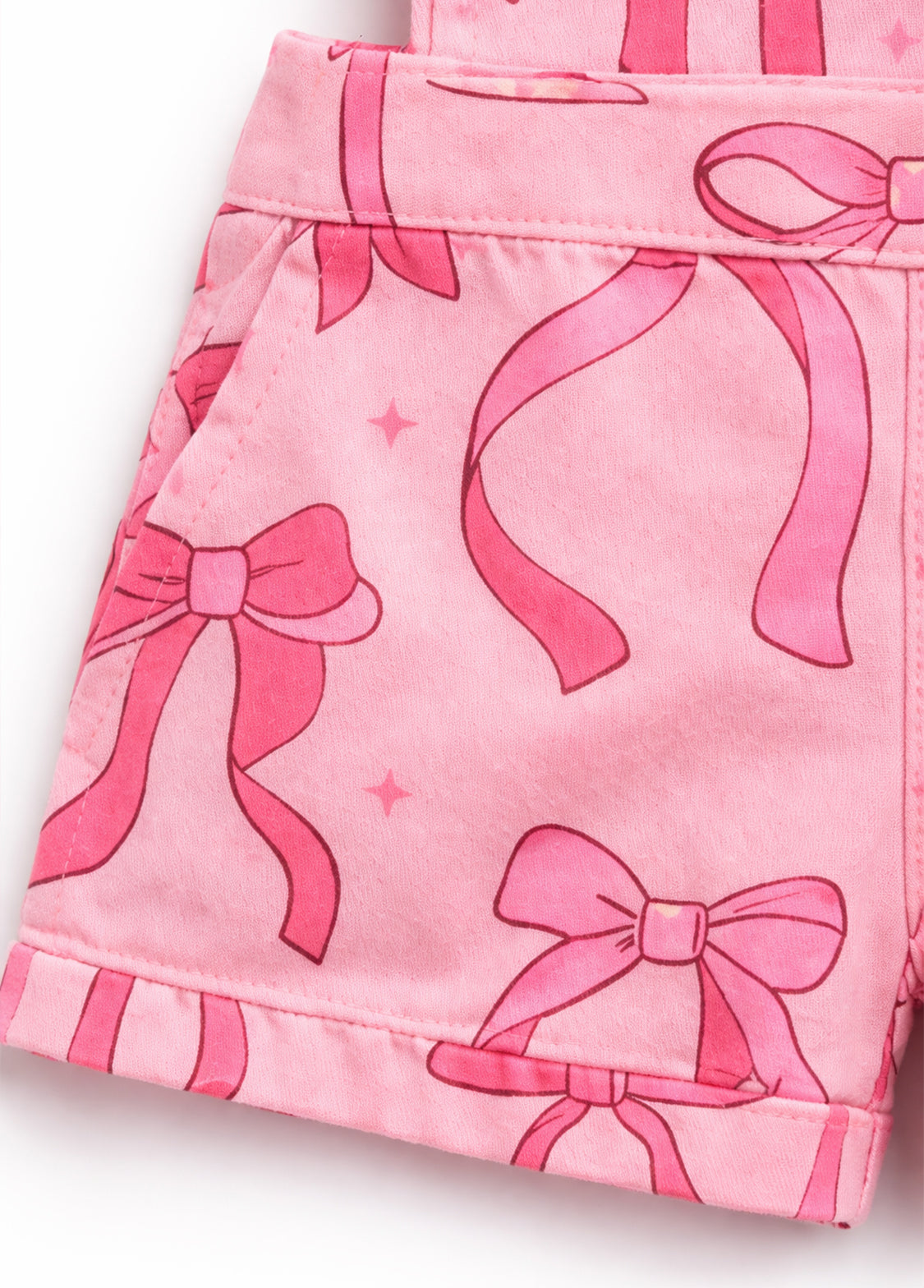 Girls Bow Print Denim Overall Shorts