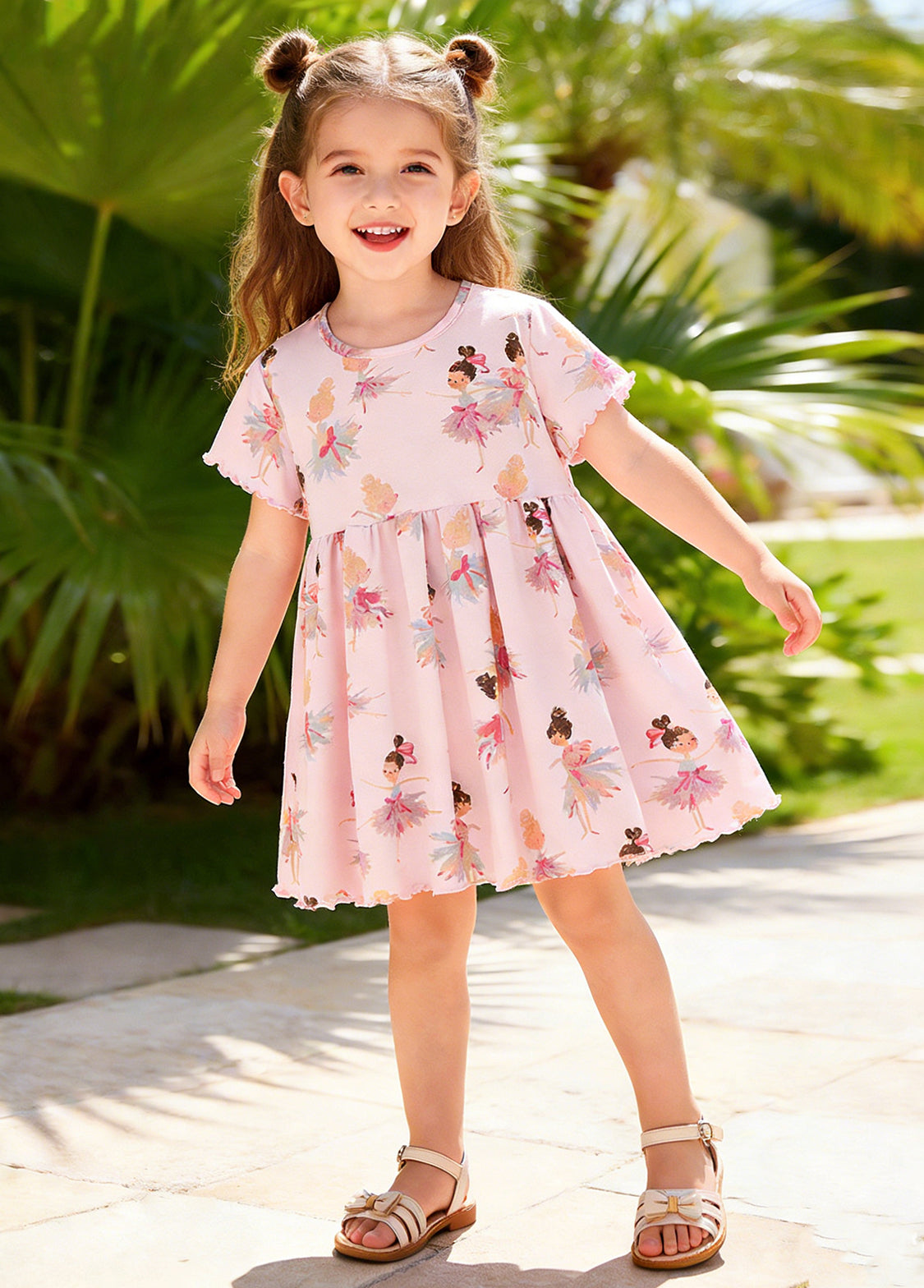 Girl Cute Ballet Girl Print Short-Sleeved Dress
