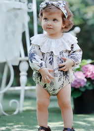 Baby Girls Retro Floral Dollar Collar Romper With Hairband