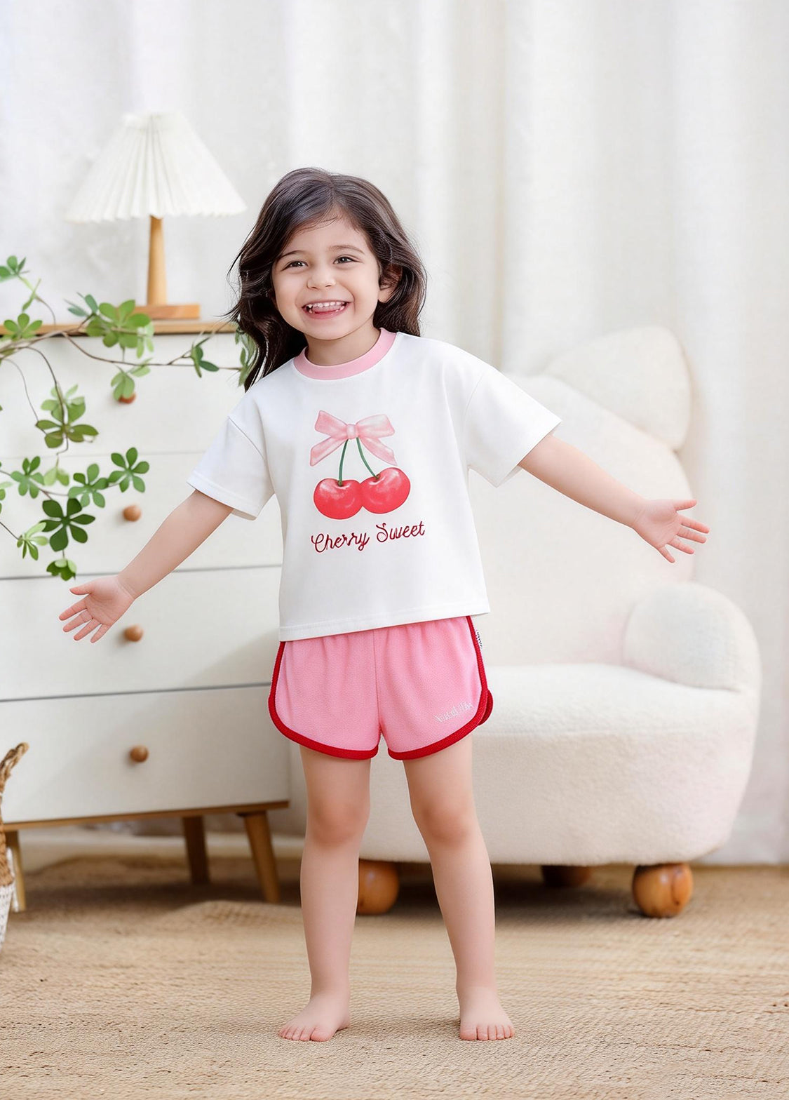 Girls Cherry Print Cotton Stretch Two-Piece Outfit