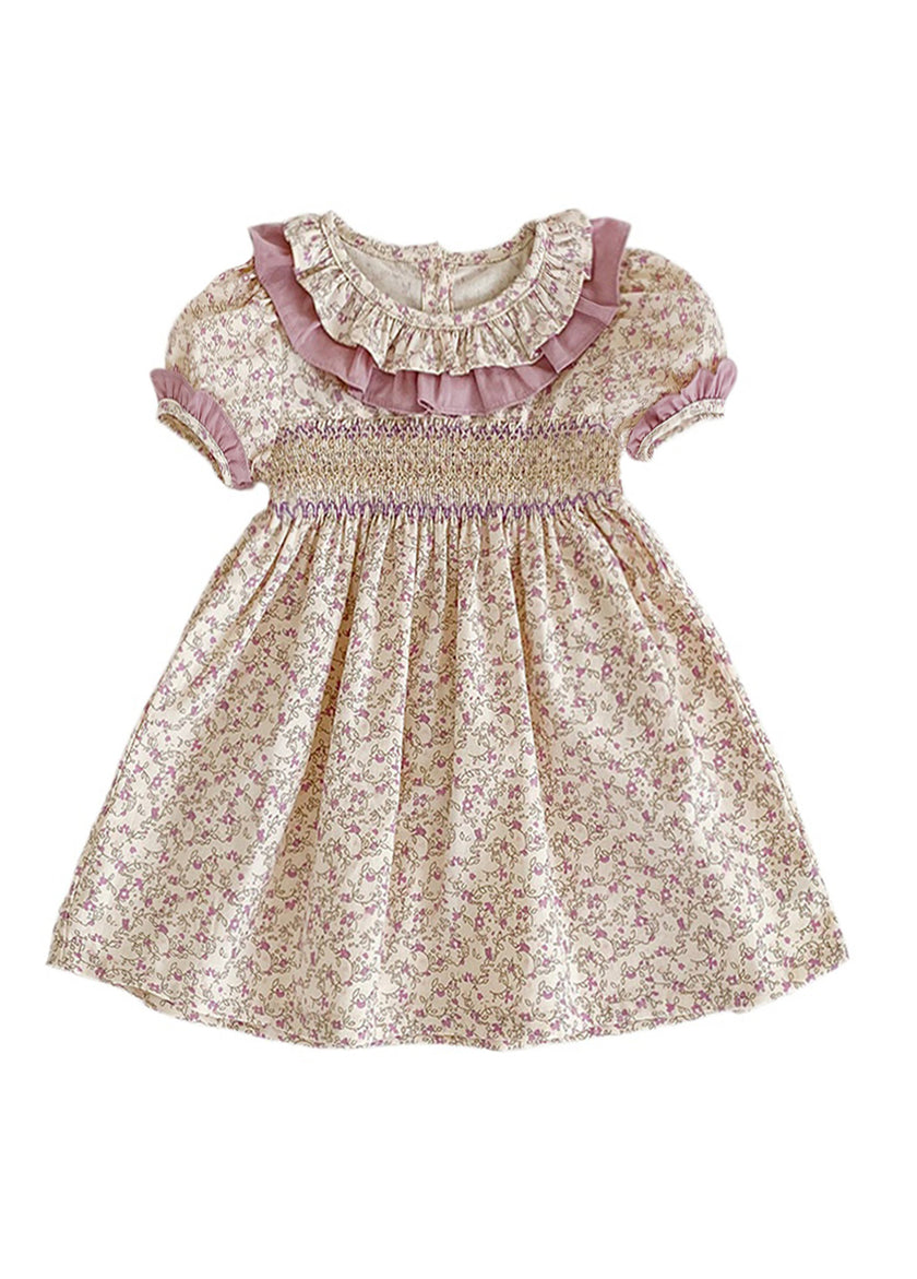Girls Sweet Floral Double-layered Ruffled Puff Sleeve Dress