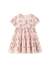 Girls Cute Rainbow Cartoon Print Puff Sleeve Dress