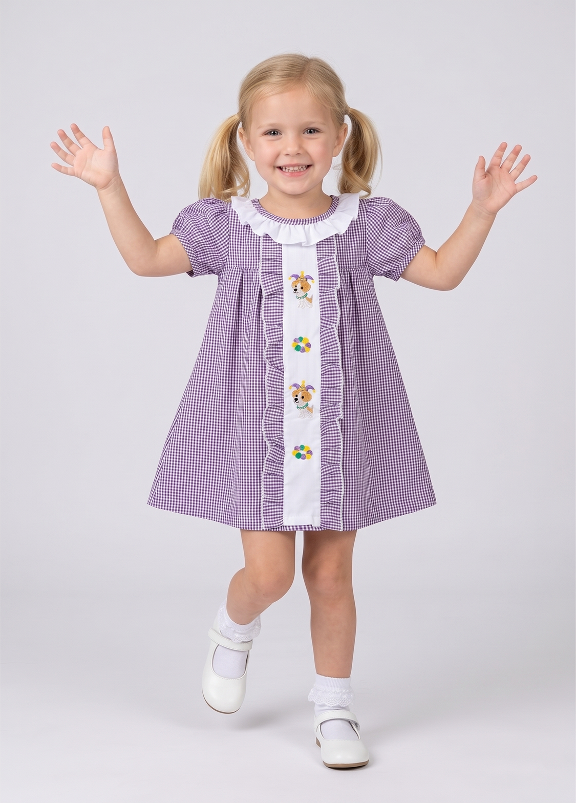 Girls Embroidered Plaid Short Sleeve Dress