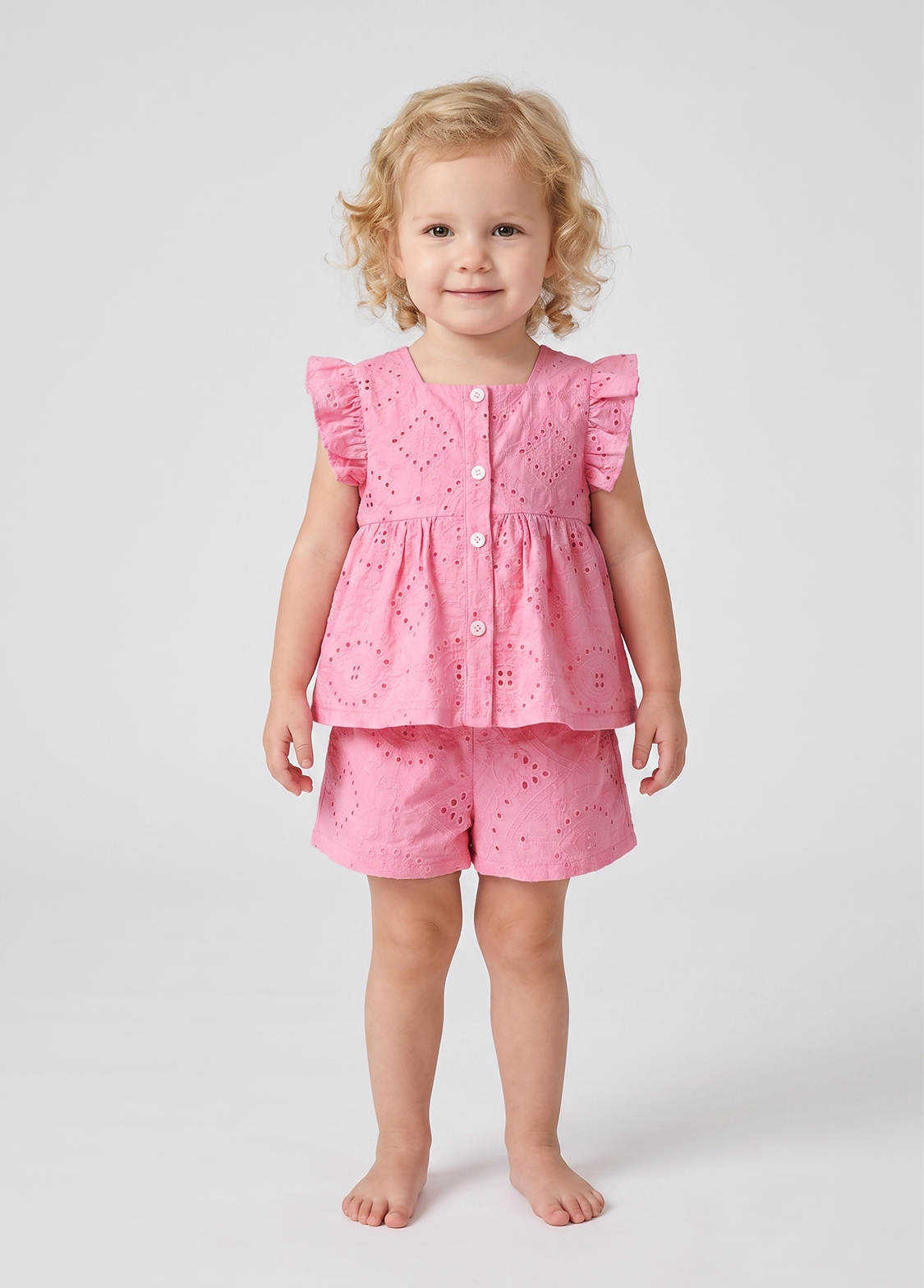 Girls Pink Cotton Eyelet Two-Piece Set