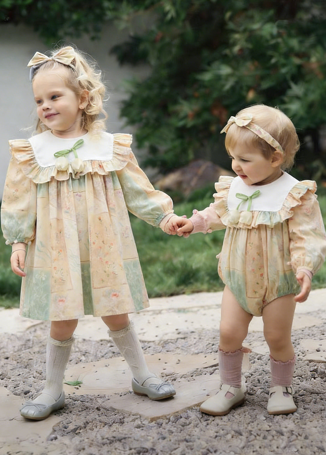 Girls Sweet Floral Ruffle Dress With Headband